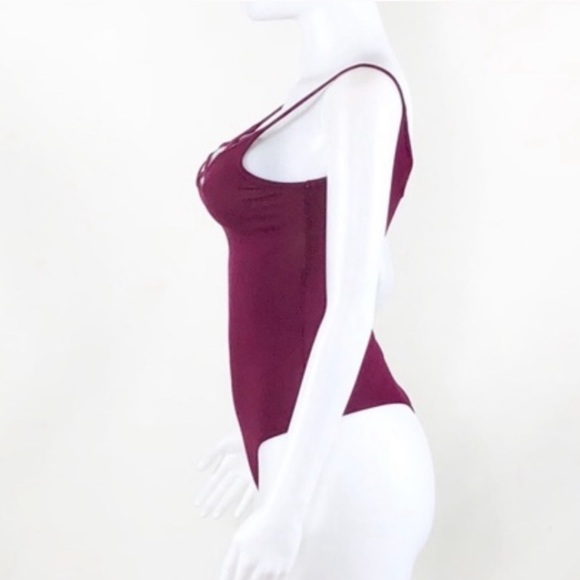 NWOT Wine Criss Cross Strappy Caged Thong Bodysuit - Picture 4 of 10